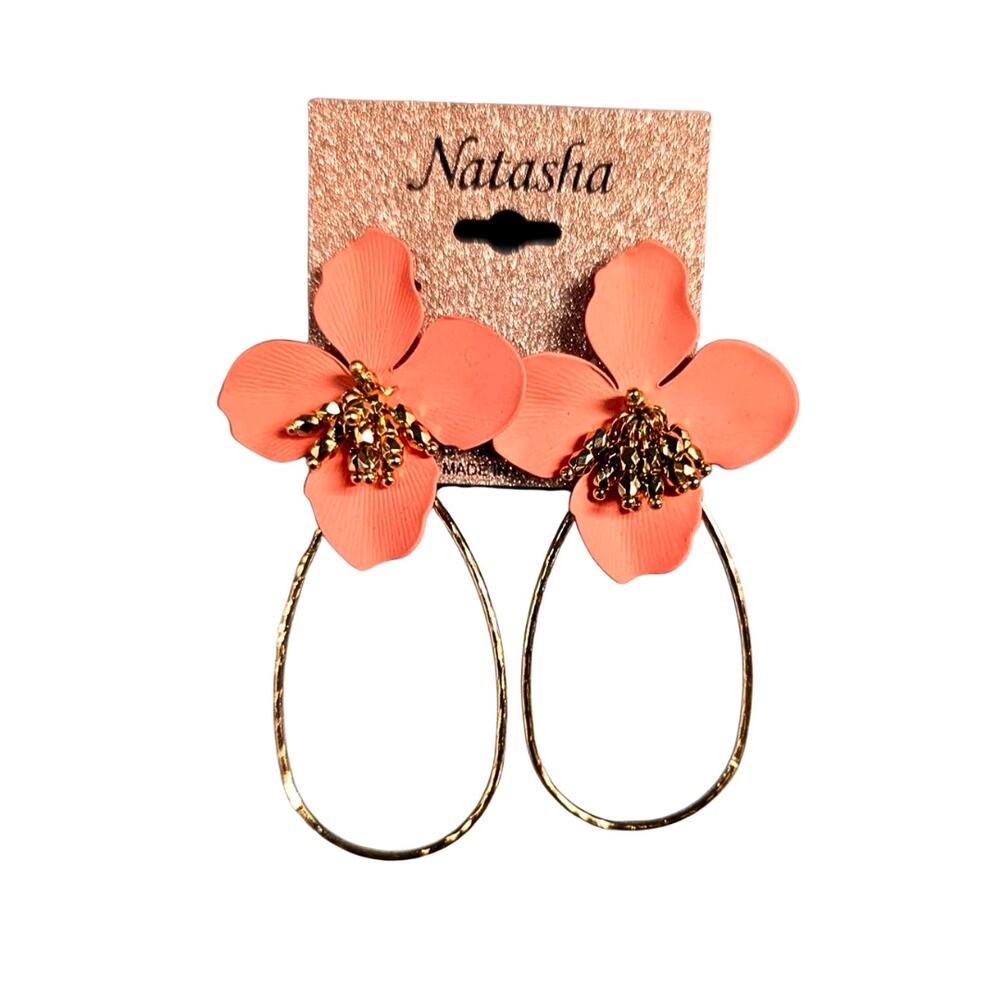 Natasha Flower Earrings 3" Gold Tone Hoop Stud Back Orange Tropical Hisbiscus